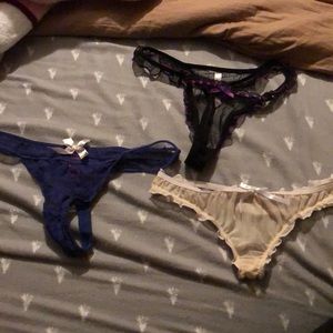 Blue, black lace & purple, yellow thong
